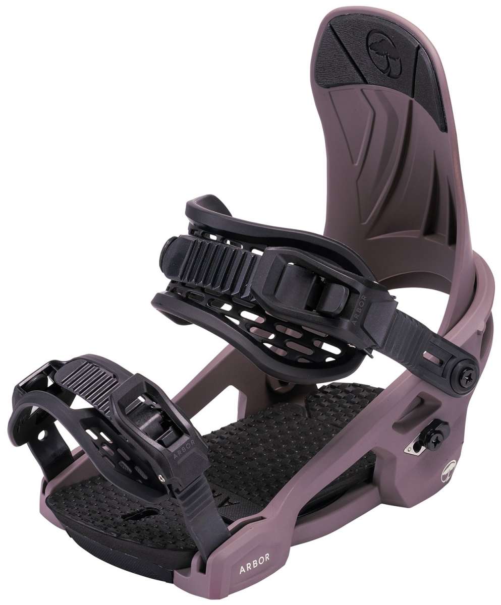 Arbor Women's Acacia Snowboard Bindings 2024 - A pair of women's bindings with a black strap and silver buckles on a white background.