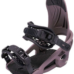 Arbor Women's Acacia Snowboard Bindings 2024 - A pair of women's bindings with a black strap and silver buckles on a white background.