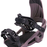Arbor Women's Acacia Snowboard Bindings 2024 - A pair of women's bindings with a black strap and silver buckles on a white background.