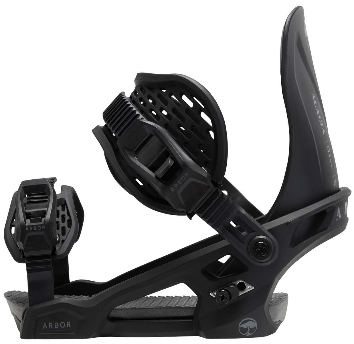 Arbor Women's Acacia Snowboard Bindings 2024 - Black bindings with a sleek, modern design and adjustable straps.