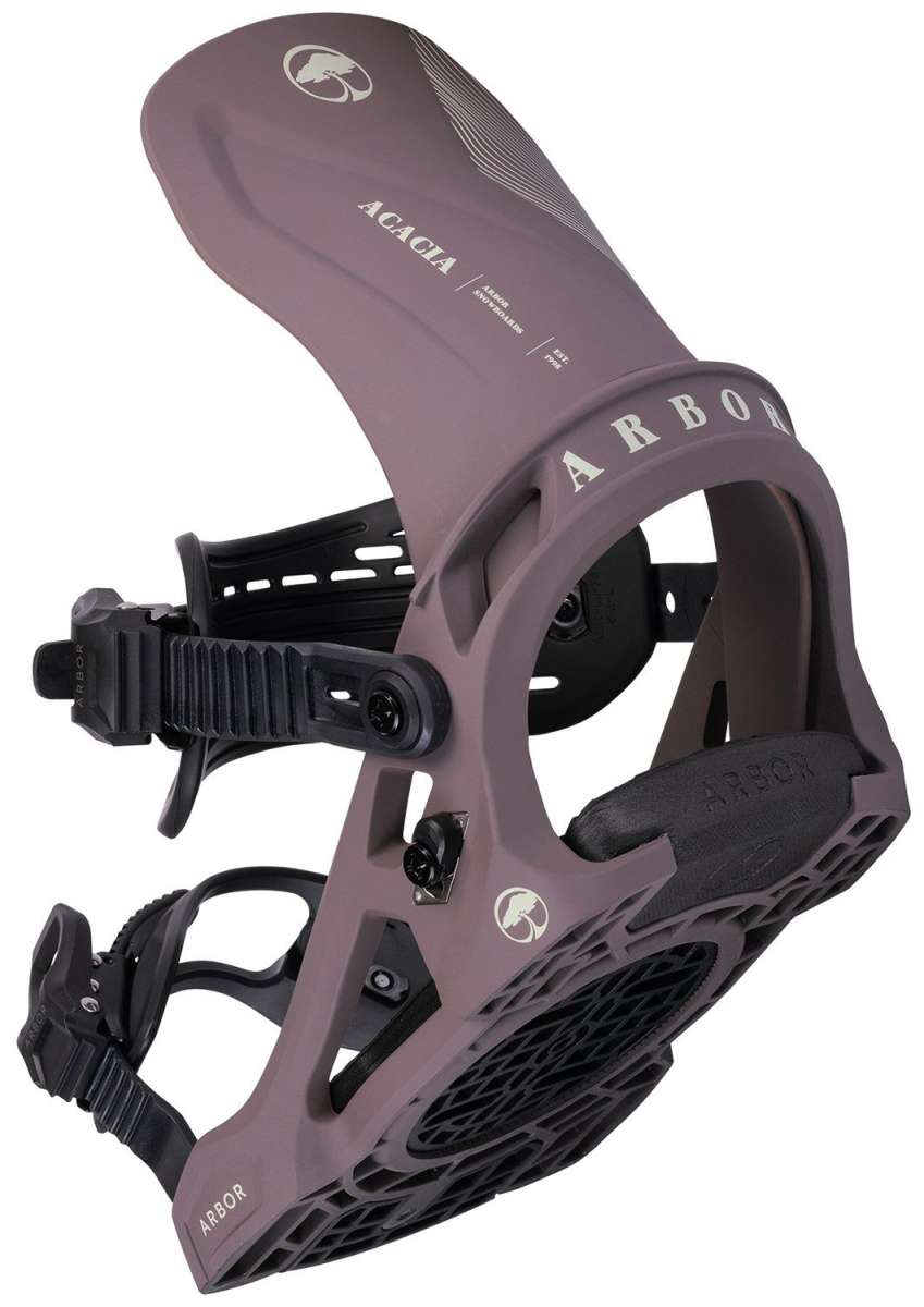 Arbor Women's Acacia Snowboard Bindings 2024 - A pair of brown snowboard bindings with a white logo on top and black buckles.