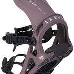 Arbor Women's Acacia Snowboard Bindings 2024 - A pair of brown snowboard bindings with a white logo on top and black buckles.