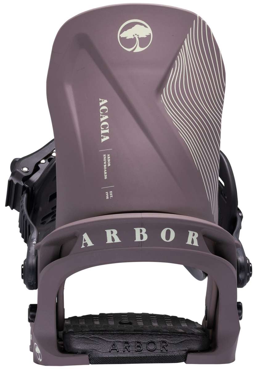 Arbor Women's Acacia Snowboard Bindings 2024 - A pair of snowboard bindings with a dark brown base and white lettering that reads "Acacia" on the top plate.
