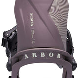 Arbor Women's Acacia Snowboard Bindings 2024 - A pair of snowboard bindings with a dark brown base and white lettering that reads "Acacia" on the top plate.