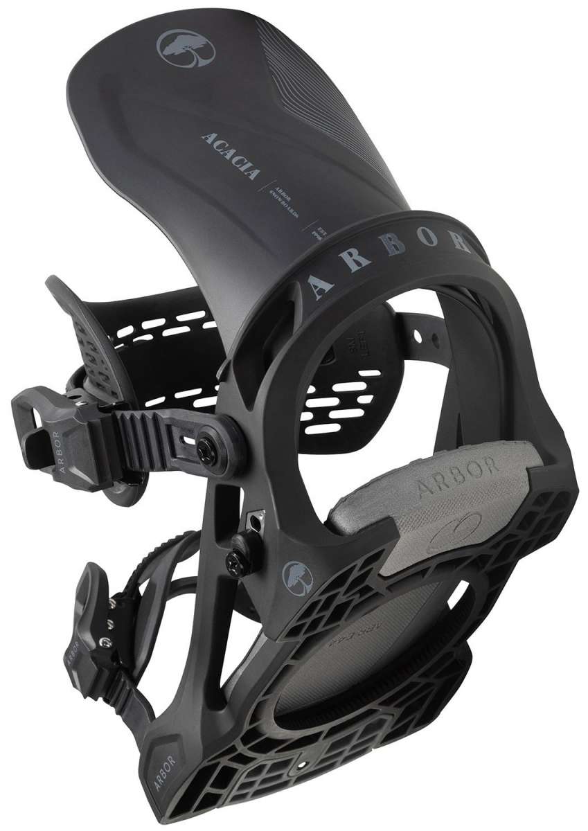 Arbor Women's Acacia Snowboard Bindings 2024 - Black bindings with white lettering and logo on top strap.