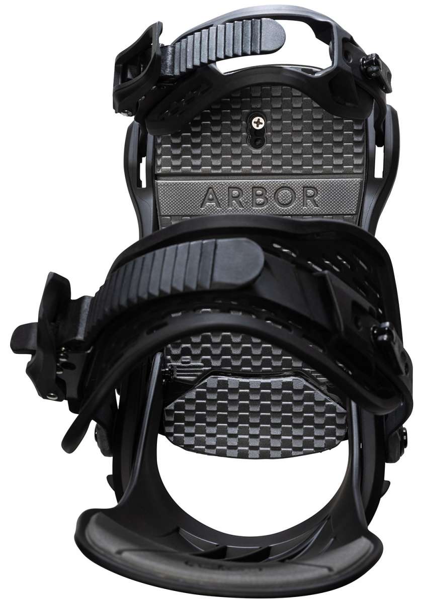 Arbor Women's Acacia Snowboard Bindings 2024 - Black bindings with a checkered pattern on the baseplate and straps.