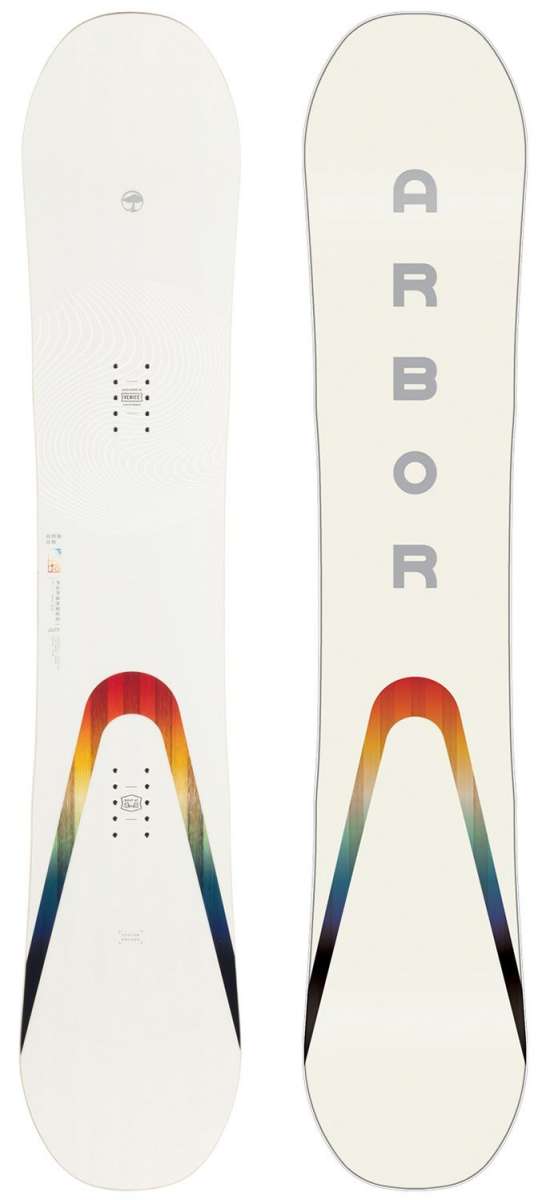 Arbor Women's Poparazzi Rocker Snowboard 2023 - White snowboard with a circular logo on top and black text that reads "Poparazzi" along the bottom edge.