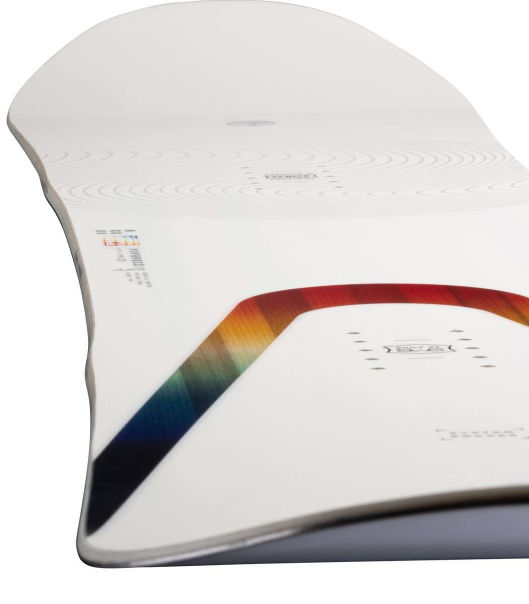 Arbor Women's Poparazzi Rocker Snowboard 2023 - A white snowboard with a rainbow-colored stripe along its edge.