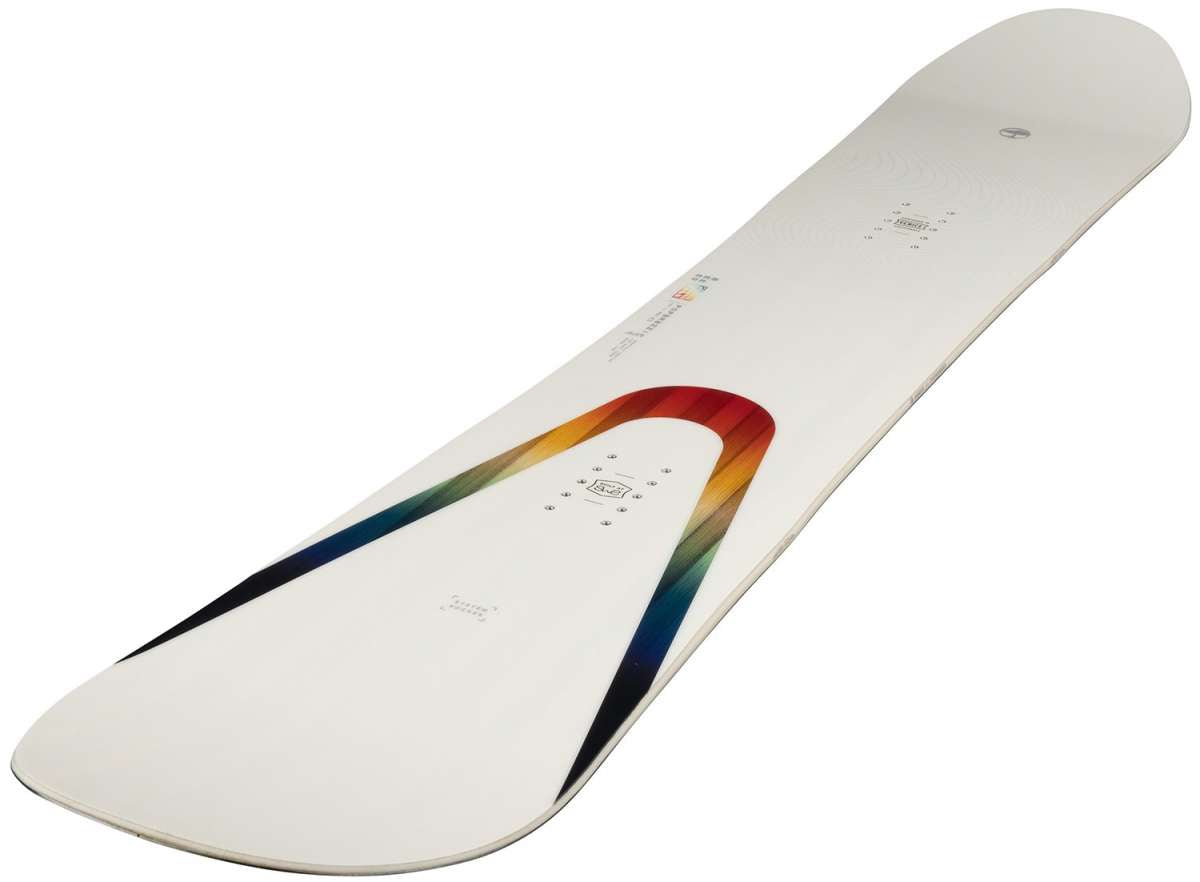 Arbor Women's Poparazzi Rocker Snowboard 2023 - A white snowboard with a rainbow-colored swoosh design on top of it.