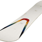 Arbor Women's Poparazzi Rocker Snowboard 2023 - A white snowboard with a rainbow-colored swoosh design on top of it.