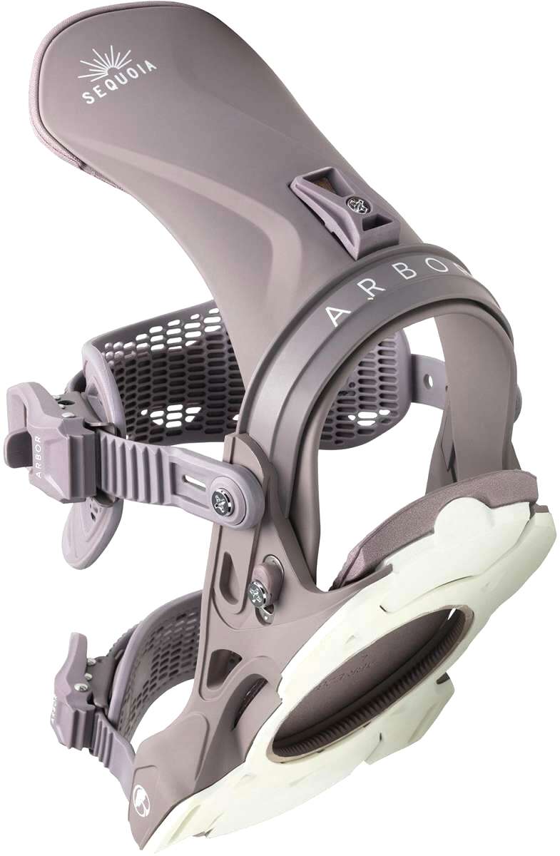 Arbor Women's Sequoia Snowboard Bindings - A pair of gray snowboard bindings with a textured strap and white logo on top.