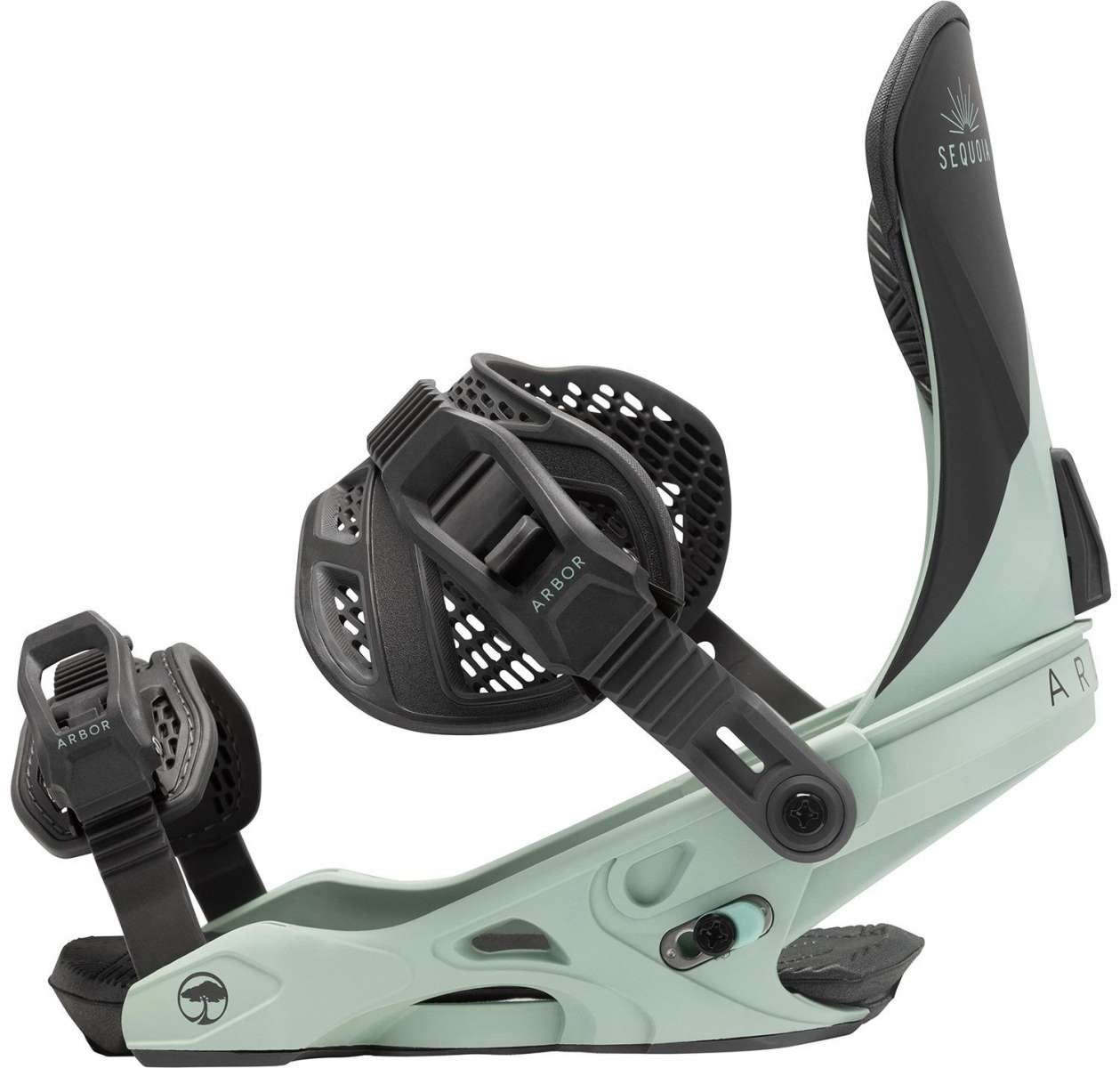 Arbor Women's Sequioa Snowboard Bindings - Black bindings with white lettering on straps and a black logo on the baseplate.