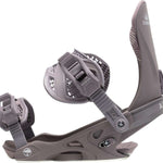 Arbor Women's Sequioa Snowboard Bindings - A pair of dark gray bindings with a textured pattern on the straps and buckles, set against a white background.