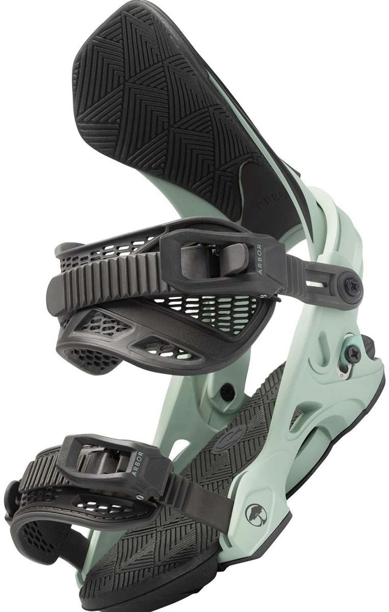 Arbor Women's Sequioa Snowboard Bindings - A pair of snowboard bindings with a light green base and black straps, featuring a geometric pattern on the strap buckles.
