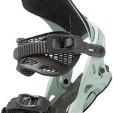 Arbor Women's Sequioa Snowboard Bindings - A pair of snowboard bindings with a light green base and black straps, featuring a geometric pattern on the strap buckles.