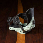 Arbor Women's Sequoia Snowboard Bindings 2023 - Black bindings with white accents and a sunburst logo on top of the ankle strap.