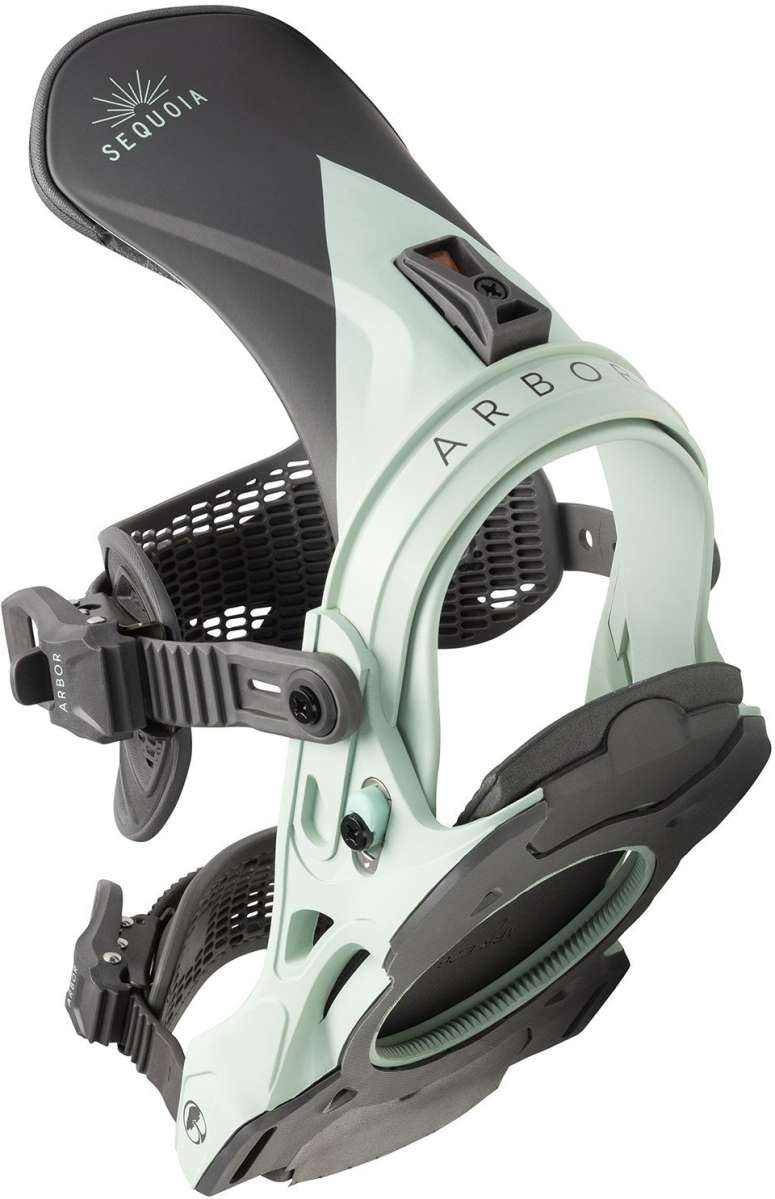 Arbor Women's Sequoia Snowboard Bindings - A black and white snowboard binding with a sunburst logo on top, featuring a strap that says "Sequoia" in white letters.