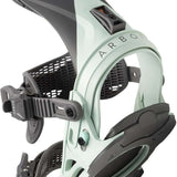 Arbor Women's Sequoia Snowboard Bindings - A black and white snowboard binding with a sunburst logo on top, featuring a strap that says "Sequoia" in white letters.