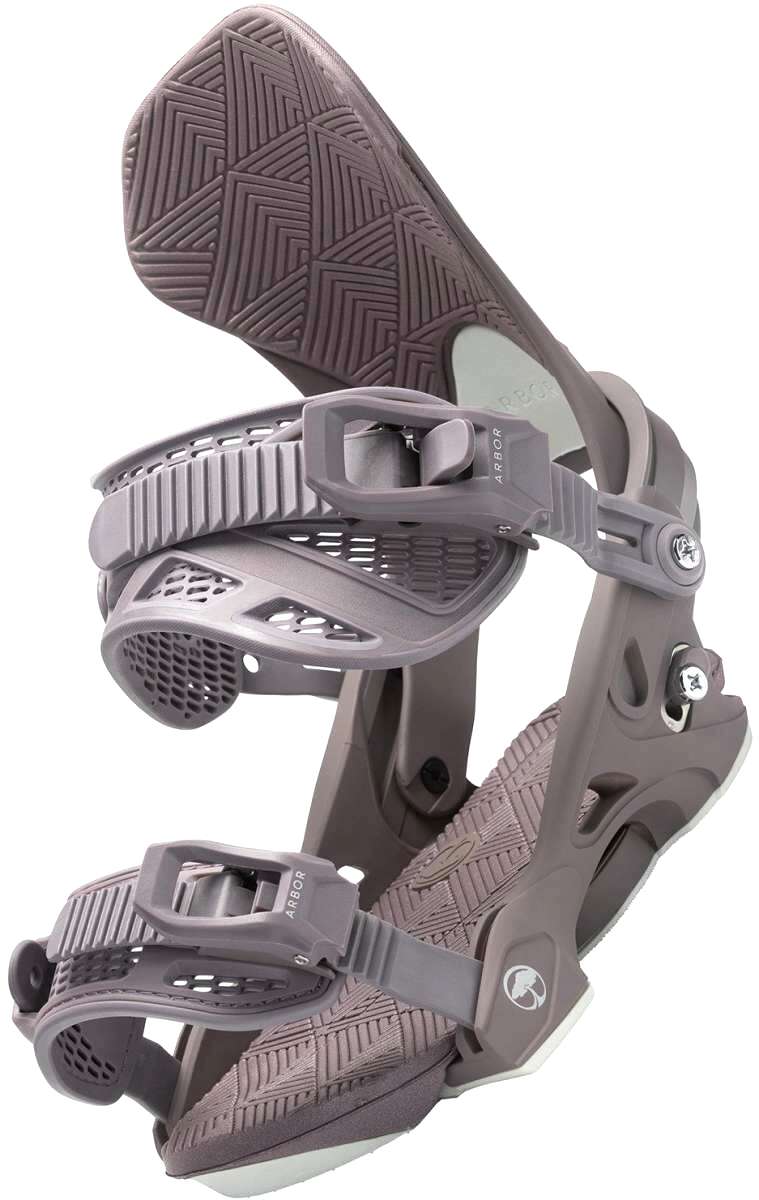 Arbor Women's Sequioa Snowboard Bindings - A pair of snowboard bindings with a gray base and straps, featuring a geometric pattern on the strap buckles.