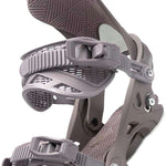 Arbor Women's Sequioa Snowboard Bindings - A pair of snowboard bindings with a gray base and straps, featuring a geometric pattern on the strap buckles.