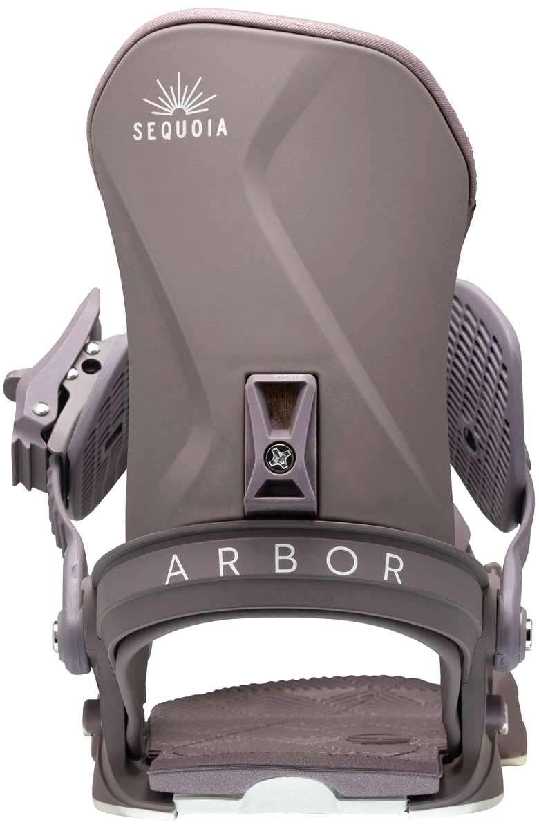 Arbor Women's Sequoia Snowboard Bindings - A pair of snowboard bindings with a gray base and straps, featuring a white logo on top that says "Sequoia".