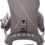 Arbor Women's Sequoia Snowboard Bindings - A pair of snowboard bindings with a gray base and straps, featuring a white logo on top that says "Sequoia".
