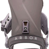 Arbor Women's Sequoia Snowboard Bindings - A pair of snowboard bindings with a gray base and straps, featuring a white logo on top that says "Sequoia".