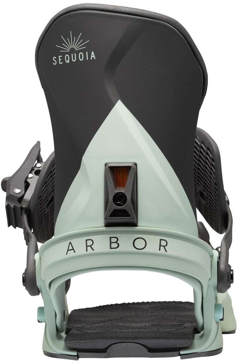 Arbor Women's Sequoia Snowboard Bindings - A black and white snowboard binding with a triangular logo on top, featuring the word "Sequoia" in white letters.