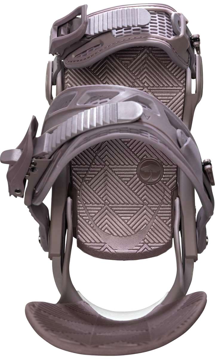 Arbor Women's Sequioa Snowboard Bindings - A pair of snowboard bindings with a geometric pattern on the baseplate and straps, in a light brown color.