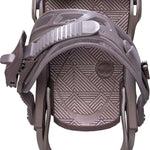 Arbor Women's Sequioa Snowboard Bindings - A pair of snowboard bindings with a geometric pattern on the baseplate and straps, in a light brown color.