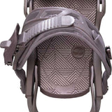 Arbor Women's Sequioa Snowboard Bindings - A pair of snowboard bindings with a geometric pattern on the baseplate and straps, in a light brown color.