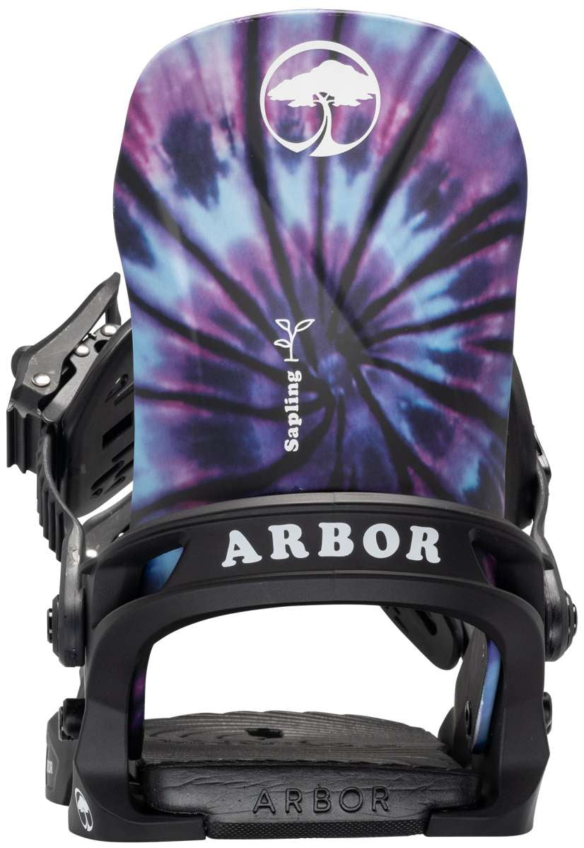 Arbor Sapling Youth Snowboard Bindings 2024 - A purple and blue tie-dye patterned snowboard binding with a white logo featuring a tree in a circle at the top.