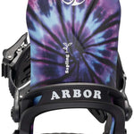 Arbor Sapling Youth Snowboard Bindings 2024 - A purple and blue tie-dye patterned snowboard binding with a white logo featuring a tree in a circle at the top.