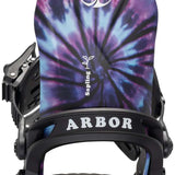 Arbor Sapling Youth Snowboard Bindings 2024 - A purple and blue tie-dye patterned snowboard binding with a white logo featuring a tree in a circle at the top.