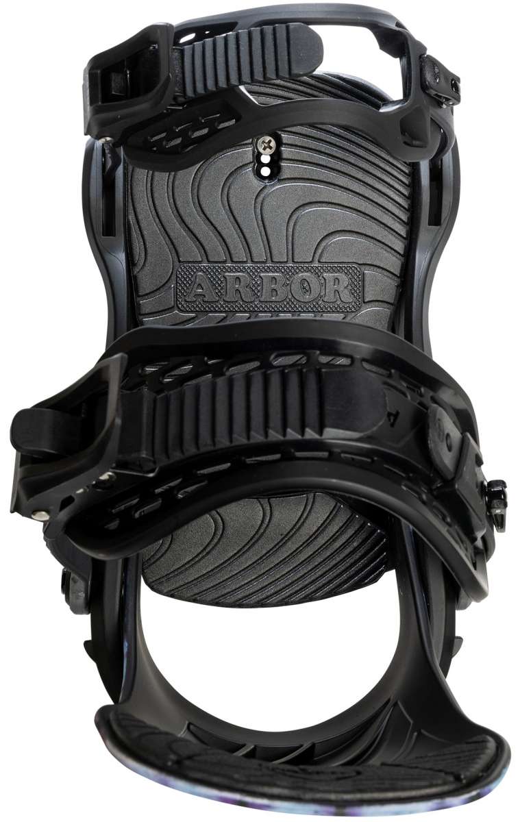 Arbor Sapling Youth Snowboard Bindings 2024 - Black bindings with a wavy pattern on top and silver screws.