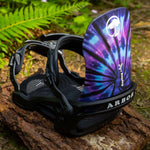 Arbor Sapling Youth Snowboard Bindings 2024 - A pair of black snowboard bindings with a purple and blue tie-dye pattern on the straps.