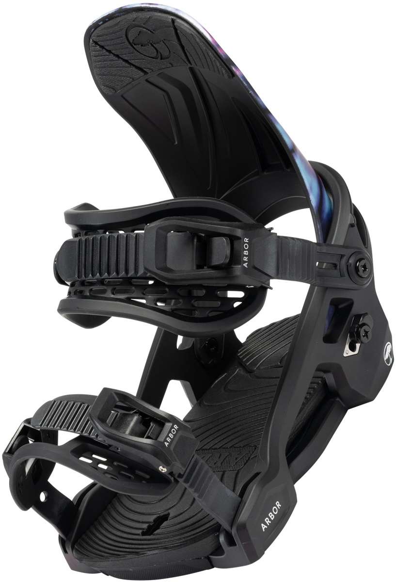Arbor Sapling Youth Snowboard Bindings 2024 - Black bindings with a sleek, modern design and silver buckles.