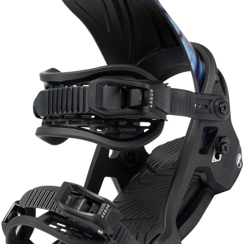 Arbor Sapling Youth Snowboard Bindings 2024 - Black bindings with a sleek, modern design and silver buckles.