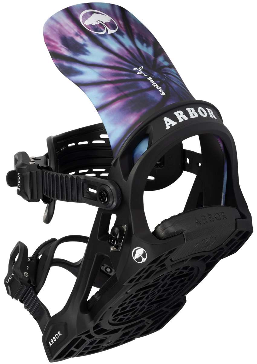 Arbor Sapling Youth Snowboard Bindings 2024 - A pair of black snowboard bindings with a purple tie-dye pattern on top.