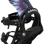 Arbor Sapling Youth Snowboard Bindings 2024 - A pair of black snowboard bindings with a purple tie-dye pattern on top.