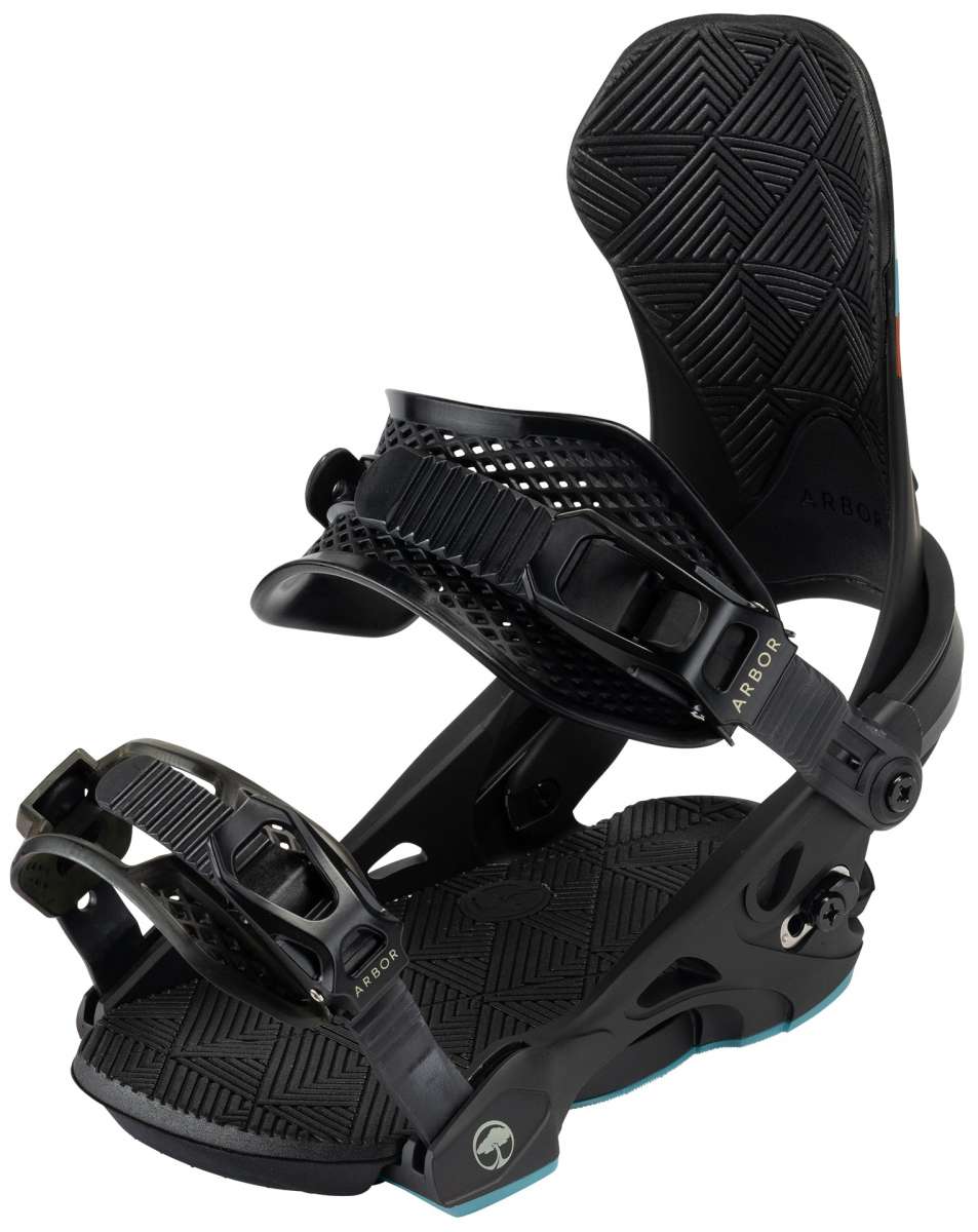 Arbor Women's Sequioa Snowboard Bindings - Black bindings with a geometric pattern on the straps and buckles.