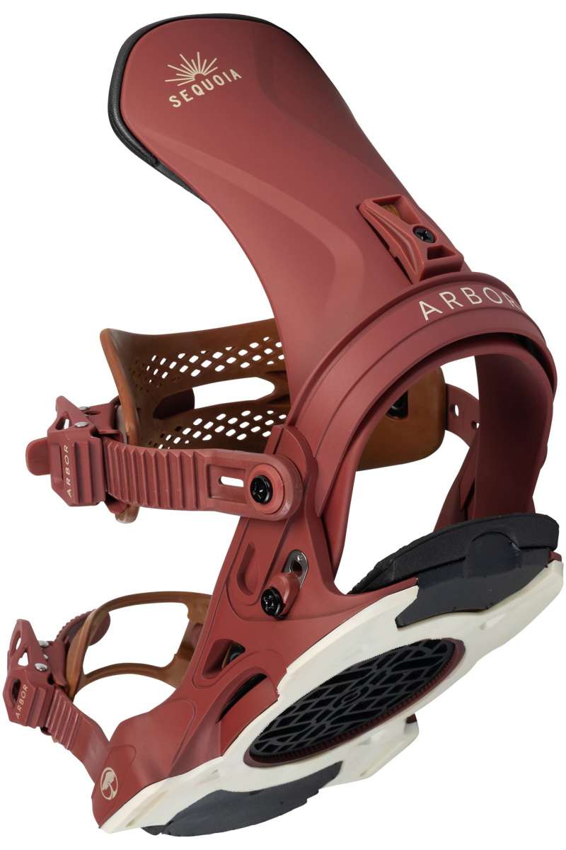 Arbor Women's Sequoia Snowboard Bindings - A dusty rose-colored snowboard binding with a white logo featuring "Sequoia" in gold lettering at the top of the board.