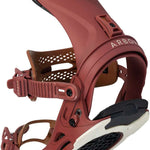 Arbor Women's Sequoia Snowboard Bindings - A dusty rose-colored snowboard binding with a white logo featuring "Sequoia" in gold lettering at the top of the board.