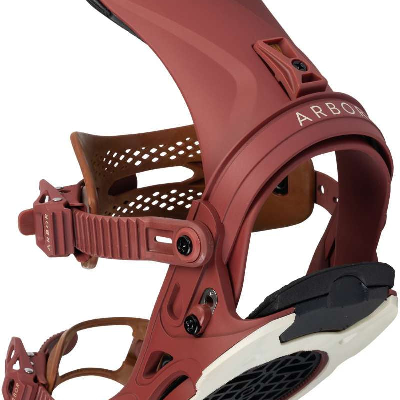 Arbor Women's Sequoia Snowboard Bindings - A dusty rose-colored snowboard binding with a white logo featuring "Sequoia" in gold lettering at the top of the board.