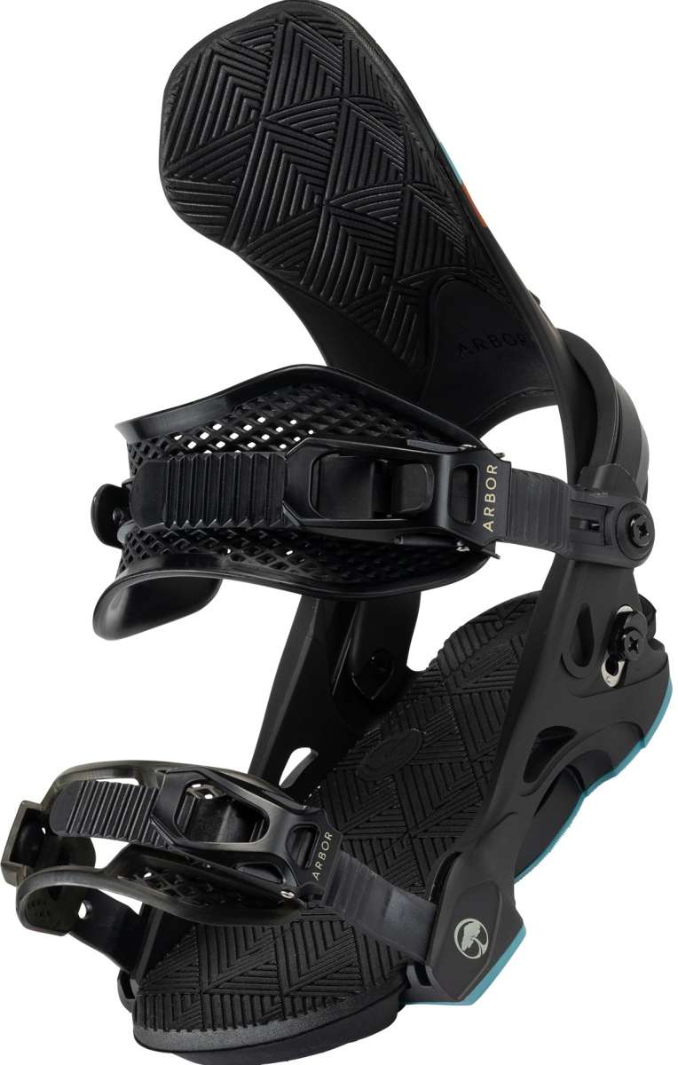Arbor Women's Sequioa Snowboard Bindings - Black bindings with a geometric pattern on straps and buckles.