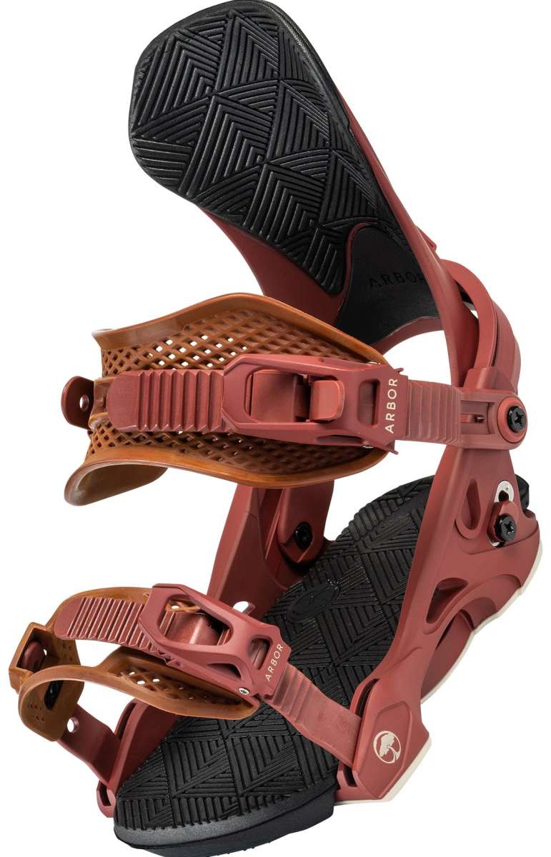 Arbor Women's Sequioa Snowboard Bindings - A pair of brown snowboard bindings with a geometric pattern on the straps and black buckles.