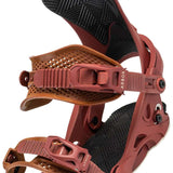 Arbor Women's Sequioa Snowboard Bindings - A pair of brown snowboard bindings with a geometric pattern on the straps and black buckles.