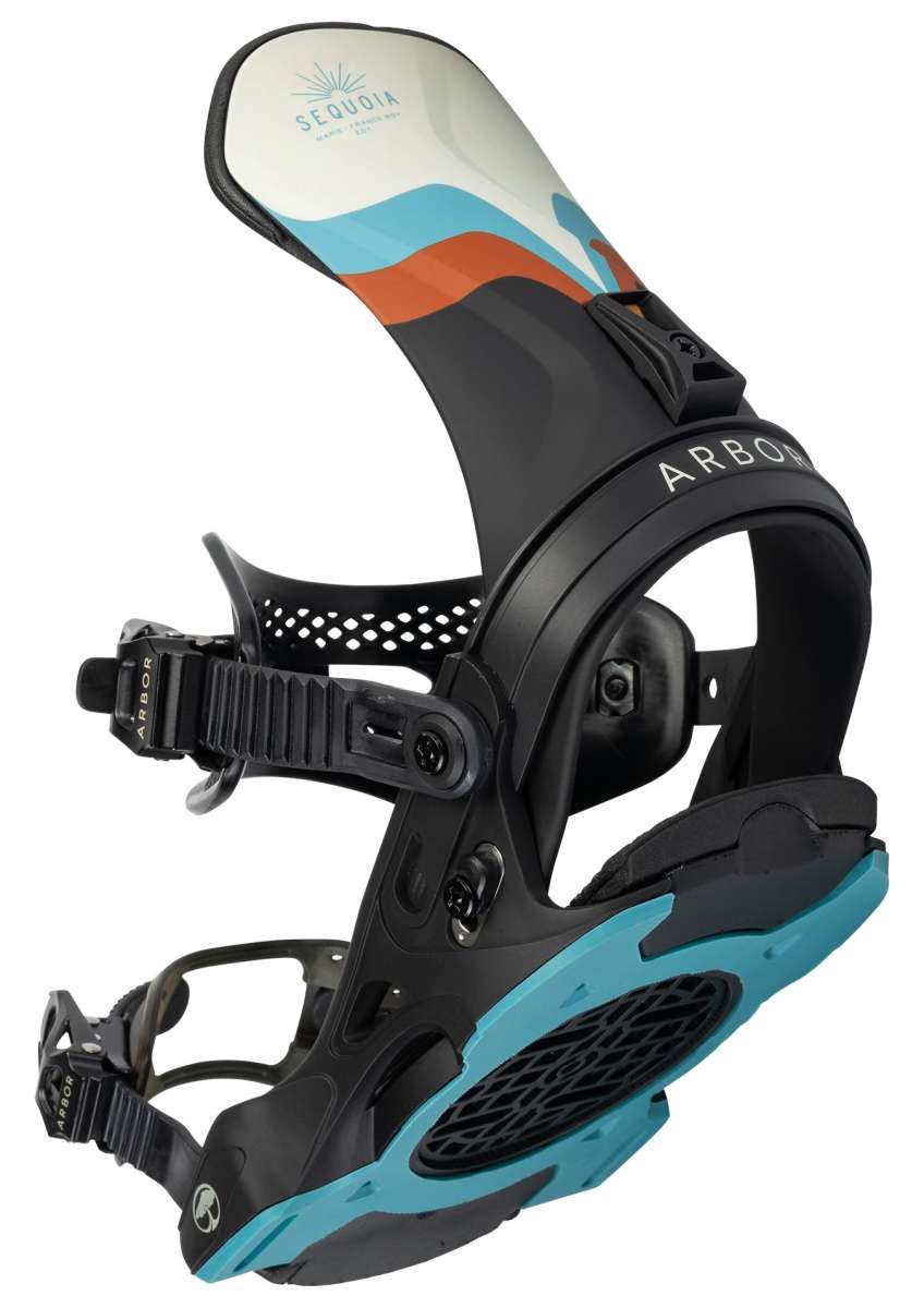 Arbor Women's Sequoia Snowboard Bindings - A black snowboard binding with a white, blue and orange design on top of it.
