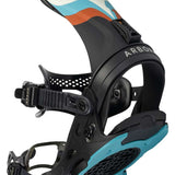 Arbor Women's Sequoia Snowboard Bindings - A black snowboard binding with a white, blue and orange design on top of it.