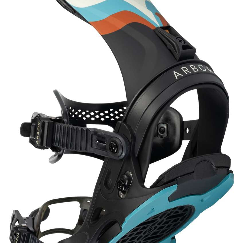 Arbor Women's Sequoia Snowboard Bindings - A black snowboard binding with a white, blue and orange design on top of it.
